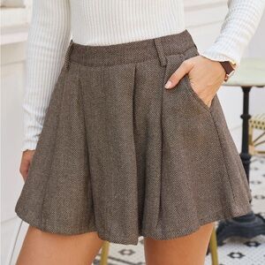 Brown A-Line Pockets Pleated Mini Skirt